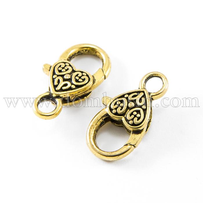 Застібка Карабін-Лобстер, Метал, Серце, Колір: Античне Золото, Розмір: 26х14х6мм, Отвір 4мм, (УТ0002970)