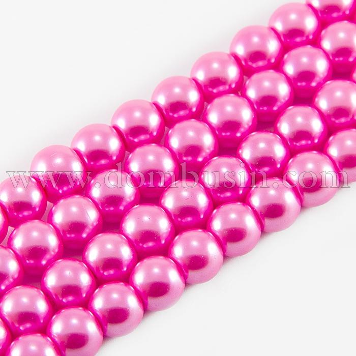 Жемчуг Бусины Стекло 6мм, Глянцевые, Круглые, Цвет: Ярко-розовый, Диаметр: 6мм, Отв-тие 1мм, около 140шт/84см/нить, (УТ0003016)