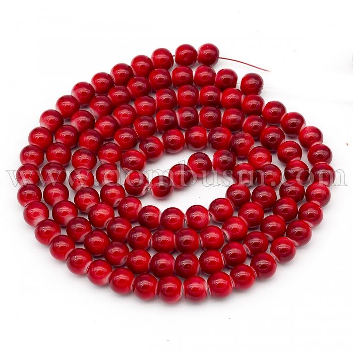 Намистини Скляні Двобарвні, пофарбовані, круглі, Колір: Червоний, Діаметр: 8 мм, Отвір 1мм, близько 104шт / 83см / нитка, (УТ0003036)