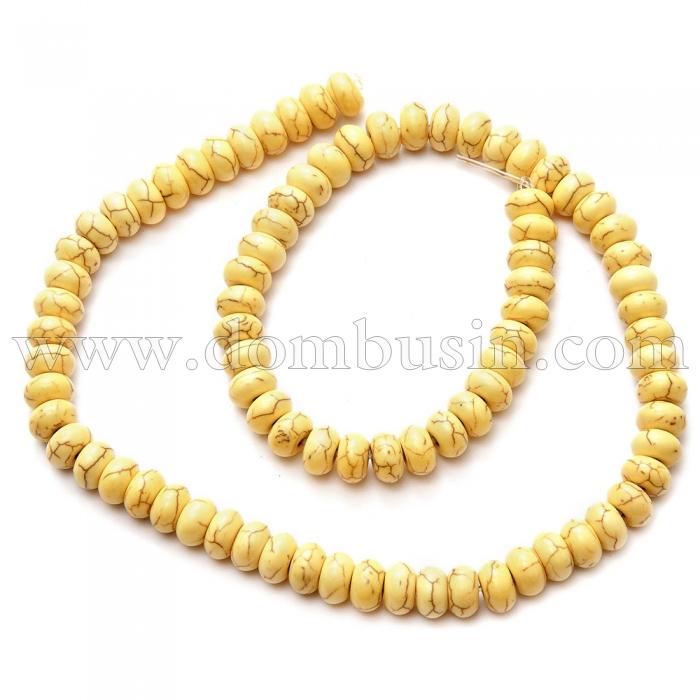 Намистини Синтетична Бірюза, Пофарбовані, На нитках, Рондель, Колір: Жовтий, Діаметр: 8 мм, Товщина 5мм, Отвір 1мм, близько 80шт / 40см / нитка, (УТ0003242)