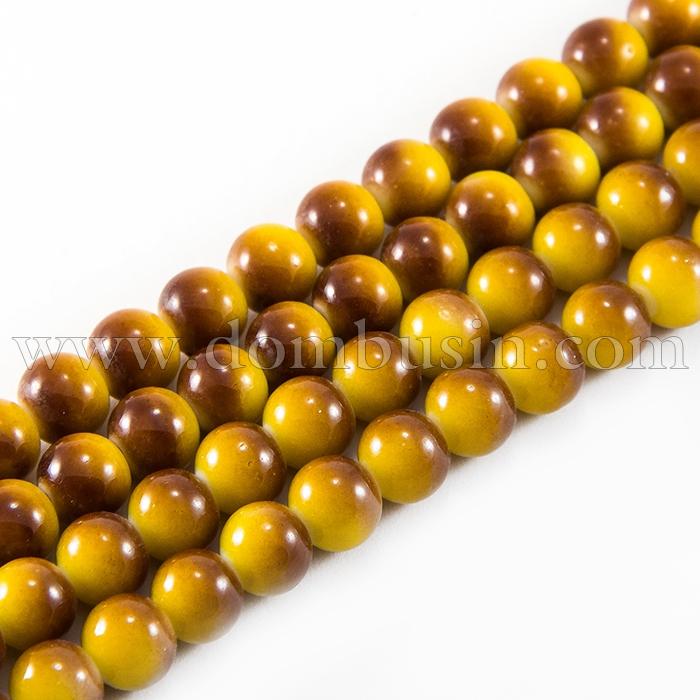 Намистини Скляні Двобарвні, пофарбовані, круглі, Колір: Жовтий, Діаметр: 8 мм, Отвір 1мм, близько 104шт / 83см / нитка, (УТ0003280)