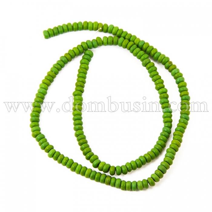 Намистини Синтетична Бірюза, Пофарбовані, На нитках, Рондель, Колір: Зелений, Діаметр: 8 мм, Товщина 5мм, Отвір 1мм, близько 80шт / 40см / нитка, (УТ0003285)