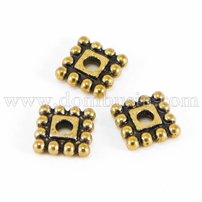 Бусины-Разделители Бижутерный Сплав, Квадратные, Цвет: Античное Золото, Размер: 7х7х2мм, Отверстие 2мм, (УТ0003441)