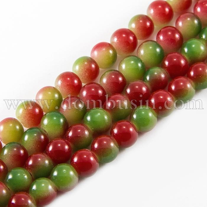 Намистини Скляні Двобарвні, пофарбовані, круглі, Колір: Зелений, Діаметр: 8 мм, Отвір 1мм, близько 104шт / 83см / нитка, (УТ0003512)