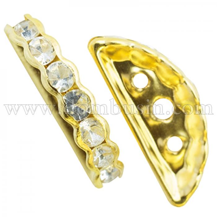 Роздільник для Намистин Півмісяць, Латунь зі Стразами, Класу "В", на 3 отвори, Колір: Золото, Страз: Безбарвний, Розмір: 19х8мм, Отвір 1-2мм, (УТ0005520)