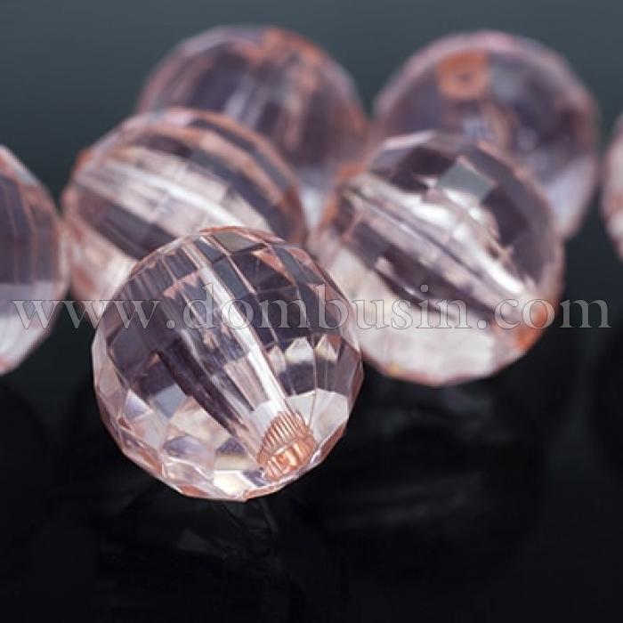 Бусины Акриловые Прозрачные, Граненые, Круглые, Цвет: Розовый, Диаметр: 14мм, Отверстие 2.5мм, около 34шт/50г, (УТ0005639)