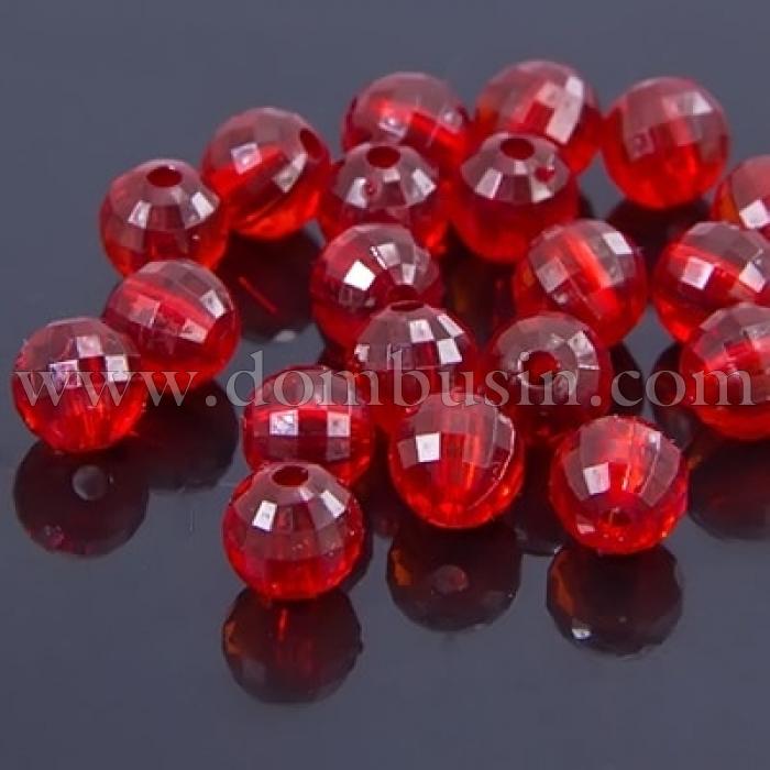 Намистини Акрилові Прозорі, Грановані, Круглі, Колір: Червоний, Діаметр: 8 мм, Отвір 1.5мм, близько 210шт / 50г, (УТ0005662)