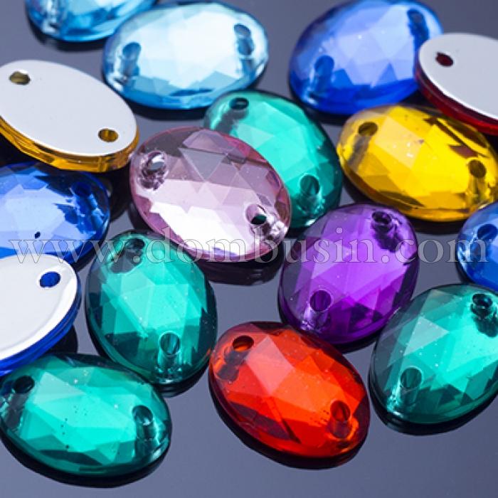 Пришивные Акриловые Стразы, 2 отверстия, Овальные, Цвет: Микс, Размер: 10х8х3мм, Отв-тие 1мм, (УТ0005681)