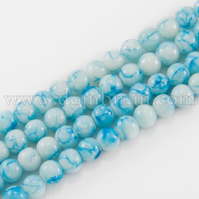 Намистини Скляні Пофарбовані під мармур, Форма: Кругла, Колір: Небесно-блакитний, Діаметр: 6мм, Отвір 1.3мм, близько 150шт / 90см / нитка, (УТ0005777)