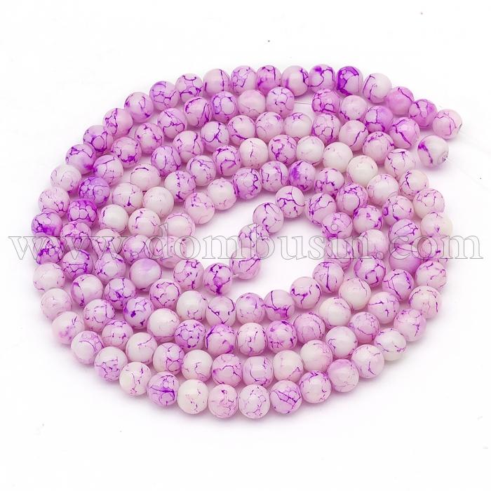 Намистини Скляні Пофарбовані під мармур, Форма: Кругла, Колір: Бузковий, Діаметр: 6мм, Отвір 1.3мм, близько 150шт / 90см / нитка, (УТ0005776)