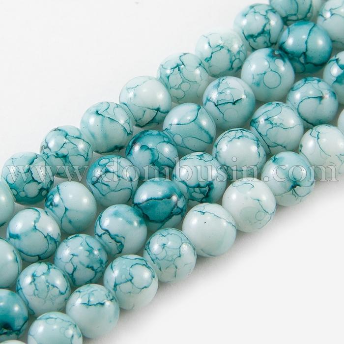 Бусины Стеклянные Окрашенные под мрамор, Форма: Круглая, Цвет: Бирюзовый, Диаметр: 6мм, Отверстие 1.3мм, около 150шт/90см/нить, (УТ0005778)