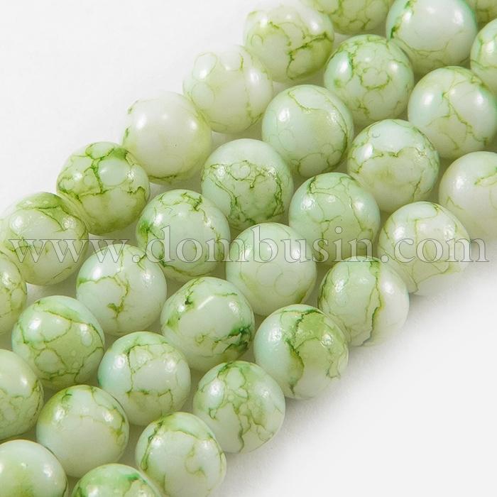 Бусины Стеклянные Окрашенные под мрамор, Форма: Круглая, Цвет: Зеленый, Диаметр: 6мм, Отверстие 1.3мм, около 150шт/90см/нить, (УТ0005779)