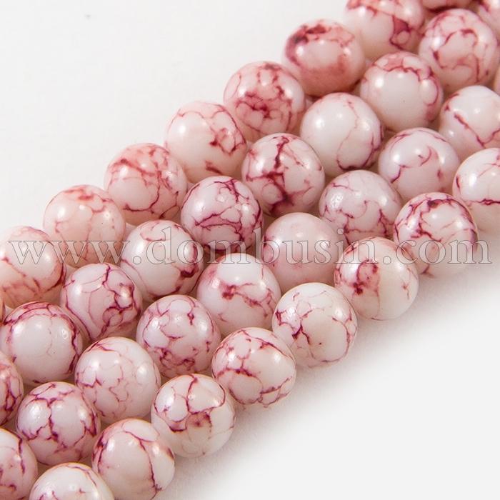 Намистини Скляні Пофарбовані під мармур, Форма: Кругла, Колір: Рожевий, Діаметр: 6мм, Отвір 1.3мм, близько 150шт / 90см / нитка, (УТ0005780)