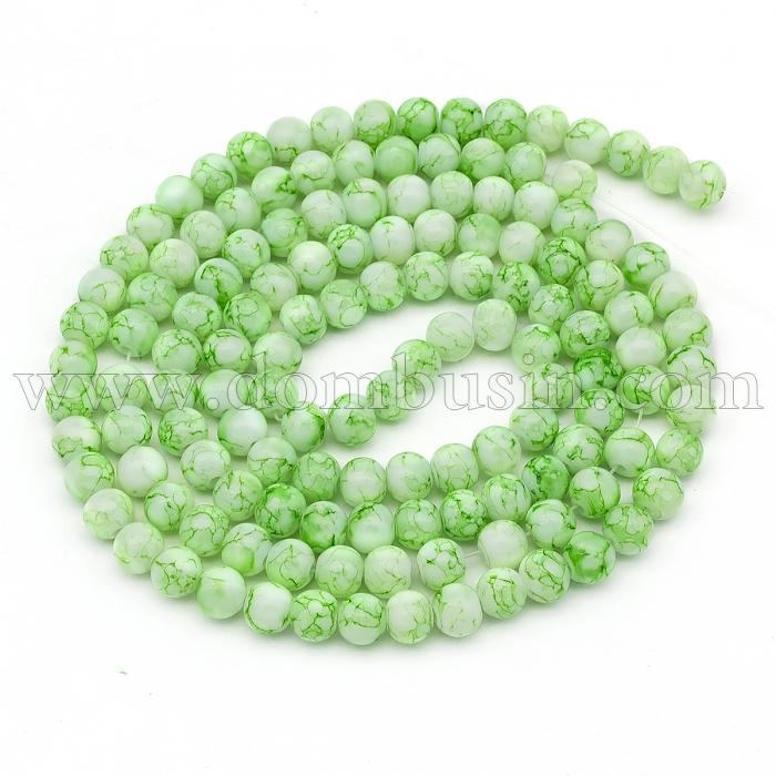 Бусины Стеклянные Окрашенные под мрамор, Форма: Круглая, Цвет: Зеленый, Диаметр: 6мм, Отверстие 1.3мм, около 150шт/90см/нить, (УТ0005782)