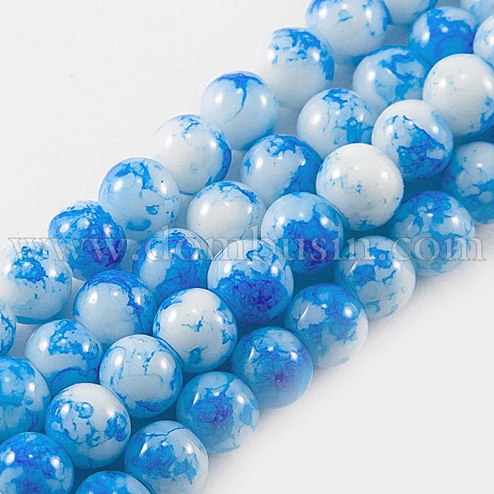 Бусины Стеклянные Окрашенные под мрамор, Форма: Круглая, Цвет: Синий, Диаметр: 6мм, Отверстие 1.3мм, около 150шт/90см/нить, (УТ0005785)