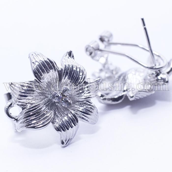 Основы для Серег со Стразами, Пусеты c Петлей для Подвески, Цветок, без Никеля, Цвет: Платина, Размер: 20х19х11мм, Отв. 2мм, Штифт 0.8мм, (УТ0005884)