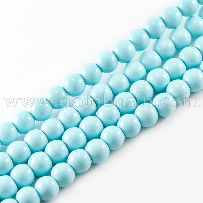 Перли Намистини Скло 8 мм, Глянцеві, Круглі, Колір: Блакитний, Діаметр: 8 мм, Отв-тя 1мм, близько 110шт / 88см / нитка, (БА000000955)