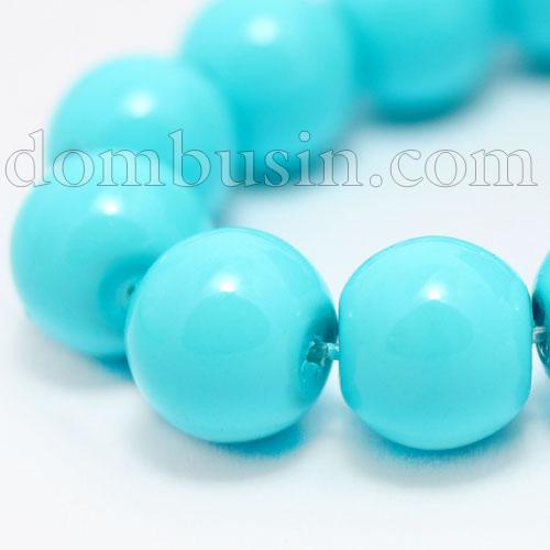 Перли Намистини Скло 12мм, Глянцеві, Круглі, Колір: Блакитний, Діаметр: 12мм, Отв-тя 1мм, близько 70шт / 84см / нитка, (БА000000961)