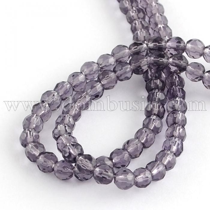 Намистини скляні круглі, прозорі, горіння, Колір: Бузковий, Діаметр: 4 мм, Отвір 0,5мм, близько 74шт/40см/нитка, (УТ0013438)