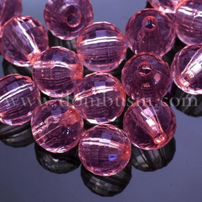 Бусины Акриловые Прозрачные, Граненые, Круглые, Цвет: Розовый, Диаметр: 12мм, Отверстие 2мм, около 94шт/50г, (УТ0016528)