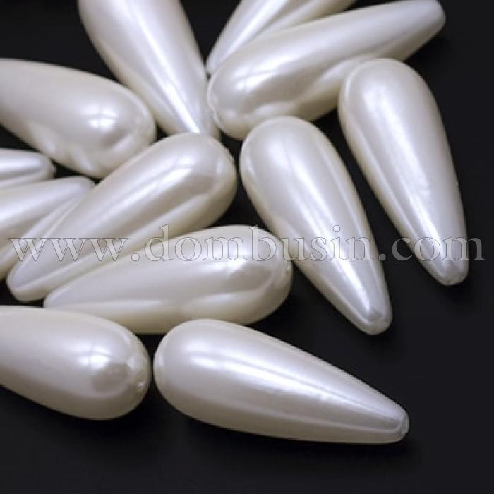 Перли Намистини Пластикові ABS, Глянцеві, Крапля, Колір: Білий, Розмір: 33х12.5мм, Отвір: 2 мм, (УТ0017593)