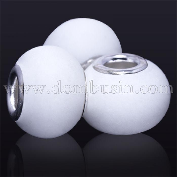 Шармы Евробусины Стеклянные, Вставка из Латуни цвета Серебро, Прорезиненный Стиль, Рондель, Цвет: Белый, Размер: 15х11мм, Отверстие 5мм, (УТ0017599)