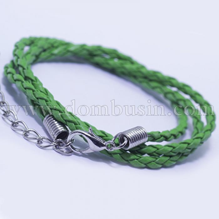 Основа для Намиста Плетені, Штучна Шкіра з Застібкою Карабін і Ланцюжком, Колір: Зелений, Розмір: 42смх3мм, (УТ0026574)