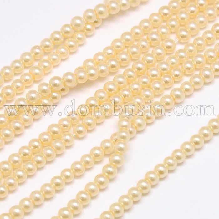 Жемчуг Бусины Стекло 4мм, Глянец, окрашены экокраской, на нити из смесового хлопка, Круглые, Цвет: Лайт Золотисто-желтый, Диаметр: 4мм, Отв. 1мм, около 100шт/40см/нить, (УТ0027874)