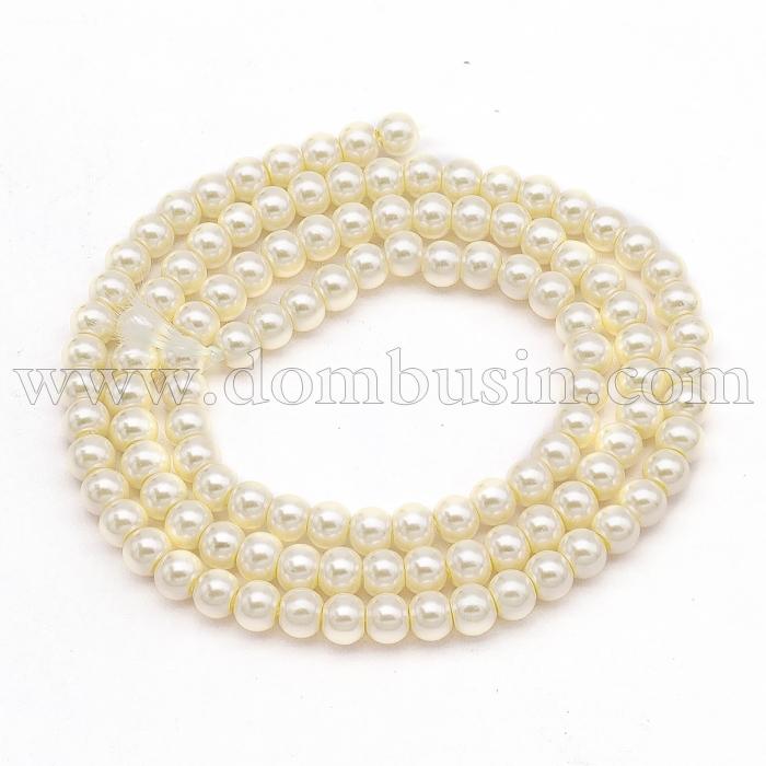 Жемчуг Бусины Стекло, Глянец, Экокраска, нить из смесового хлопка, Круглые, Желтая Шампань, 4мм, Отв. 1мм, ок. 100шт/40см/нить (УТ0027878)