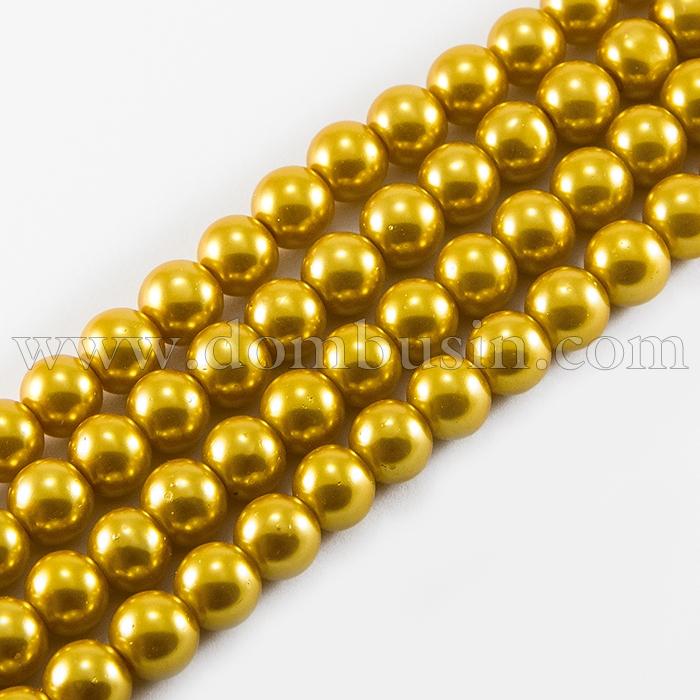 Жемчуг Бусины Стекло 12мм, Глянцевые, Круглые, Цвет: Золотистый, Диаметр: 12мм, Отв-тие 1мм, около 70шт/84см/нить, (УТ0027908)