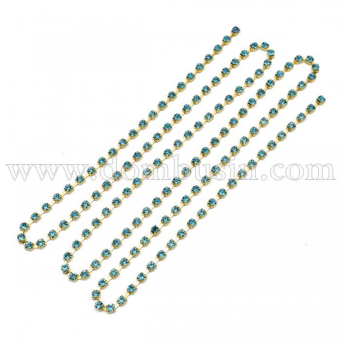 Стразовая Цепь Декоративная, Класс А, Золото/Голубой Циркон, 2мм, около 360шт/1.1м, (УТ0029087)