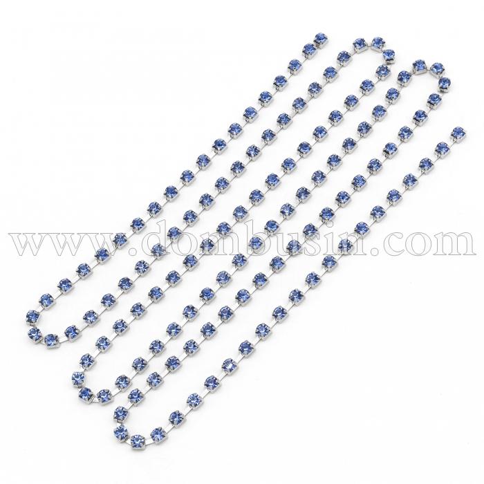 Стразовая Цепь Декоративная 2мм, Класс А, Цвет металла: Серебро, Цвет Страз: Лайт Сапфир, Ширина 2мм, около 360шт/1.1м, (УТ0029100)