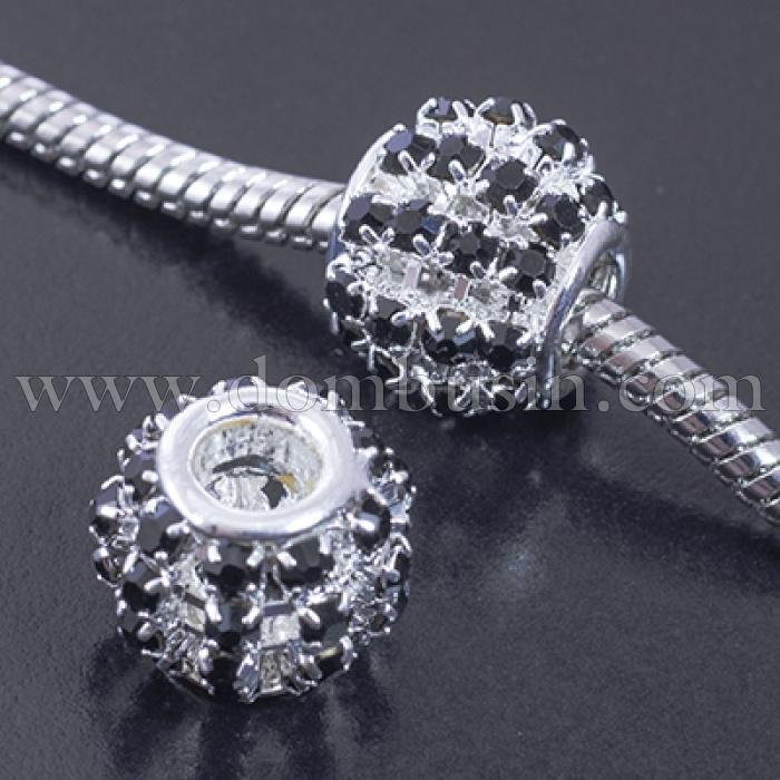 Шарми Евробусіни Латунь та Стрази, Рондель, Колір металу: Срібло, Колір Страз: Чорний, 12х10мм, Отвір 4 мм, (УТ0029533)