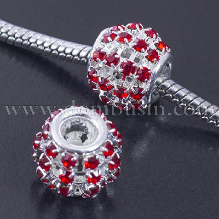 Шарми Евробусіни Латунь та Стрази, Рондель, Колір металу: Срібло, Колір Страз: Світлий Сіам, 12х10мм, Отвір 4 мм, (УТ0029534)