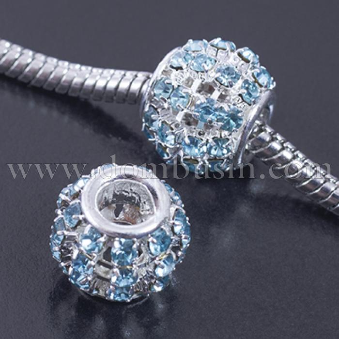 Шарми Евробусіни Латунь та Стрази, Рондель, Колір металу: Срібло, Колір Страз: Блакитний, 12х10мм, Отвір 4 мм, (УТ0029540)