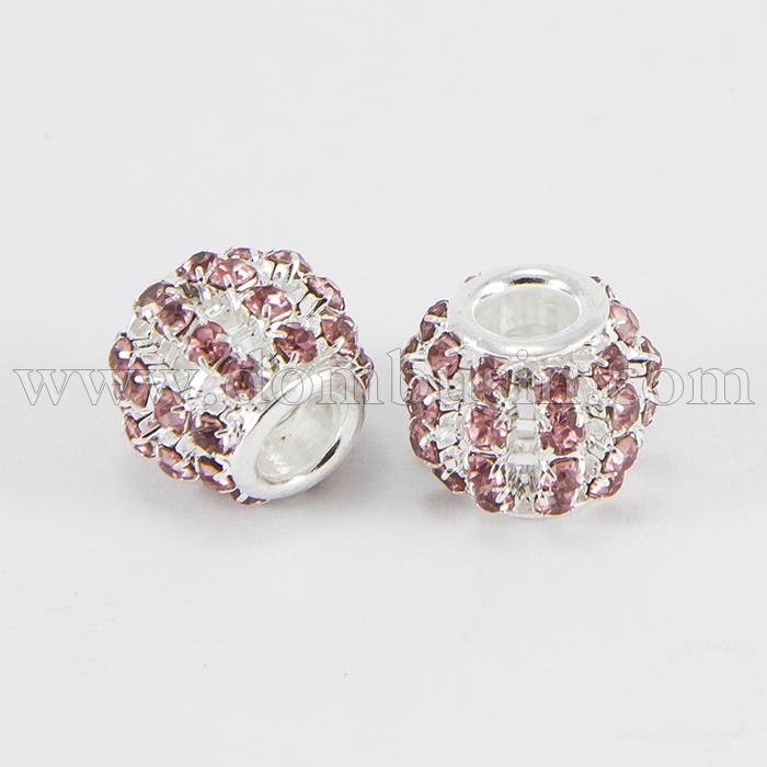 Шарми Евробусіни Латунь та Стрази, Рондель, Колір металу: Срібло, Колір Страз: Світло-рожевий, 12х10мм, Отвір 4 мм, (УТ0029541)