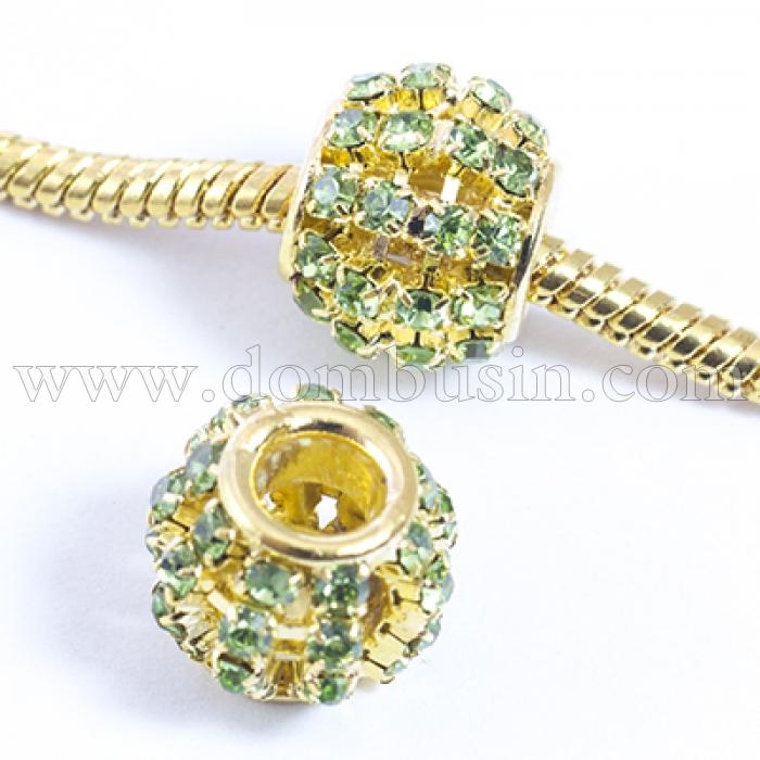 Шармы Евробусины Латунь и Стразы, Рондель, Цвет металла: Золото, Цвет Страз: Перидот, Размер: 12х10мм, Отв. 4мм, (УТ0029545)