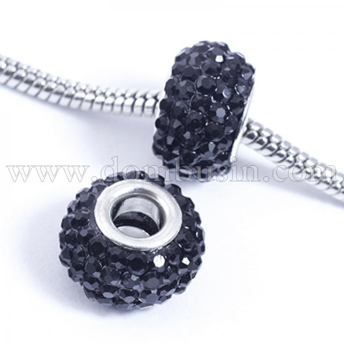 Шармы Евробусины из Смолы и Страз, класс А, Вставка из Латуни, Рондель, Цвет Страз: Черный, Размер: 15х10мм, Отв. 5мм, (УТ0029552)