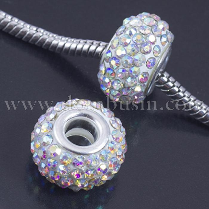 Шармы Евробусины из Смолы и Страз, класс А, Вставка из Латуни, Рондель, Цвет Страз: Кристал АВ, Размер: 15х10мм, Отв. 5мм, (УТ0029553)