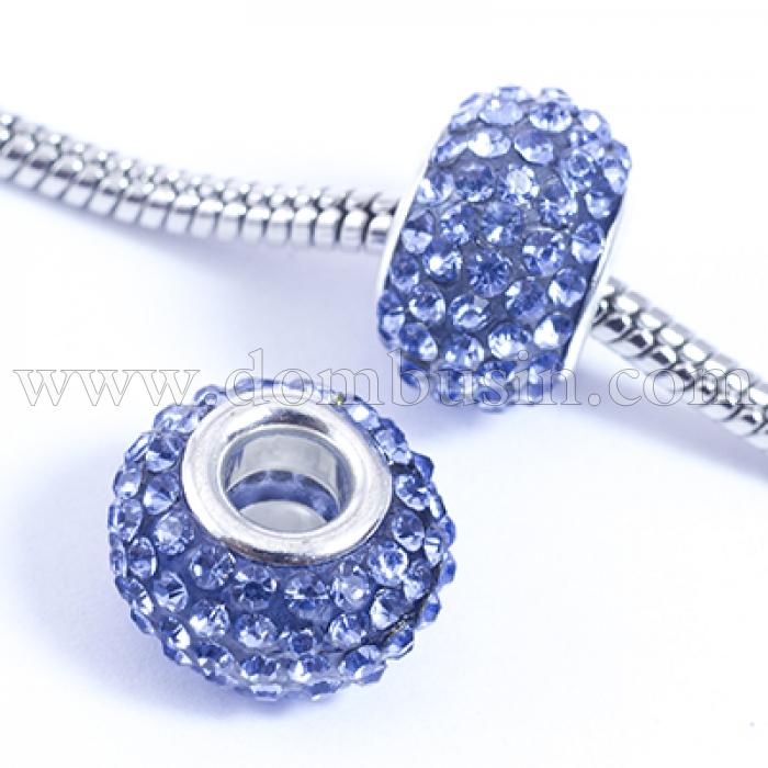 Шармы Евробусины из Смолы и Страз, класс А, Вставка из Латуни, Рондель, Цвет Страз: Сапфир, Размер: 15х10мм, Отв. 5мм, (УТ0029555)