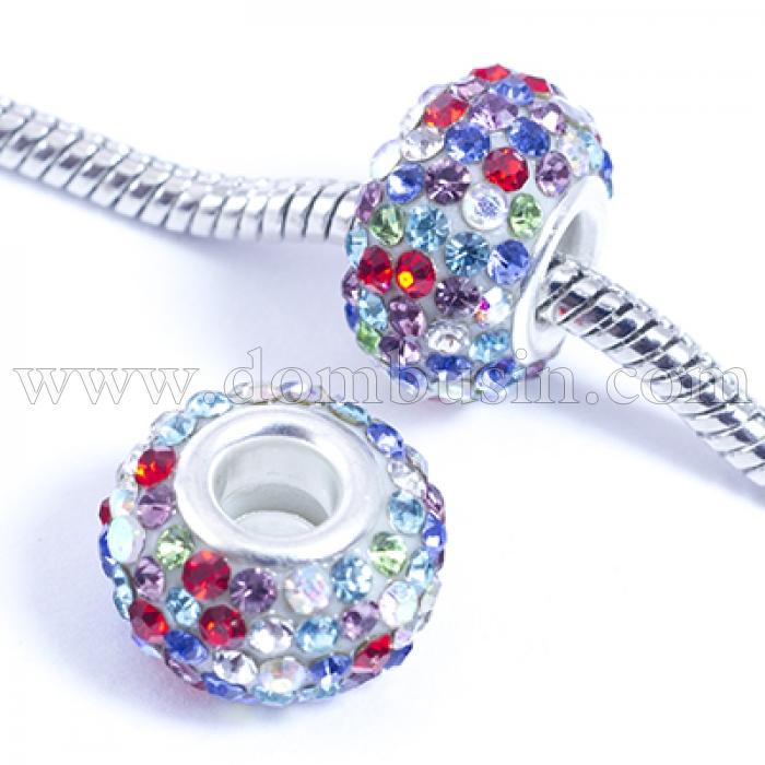 Шармы Евробусины из Смолы и Страз, класс А, Вставка из Латуни, Рондель, Цвет Страз: Микс, Размер: 15х10мм, Отв. 5мм, (УТ0029556)