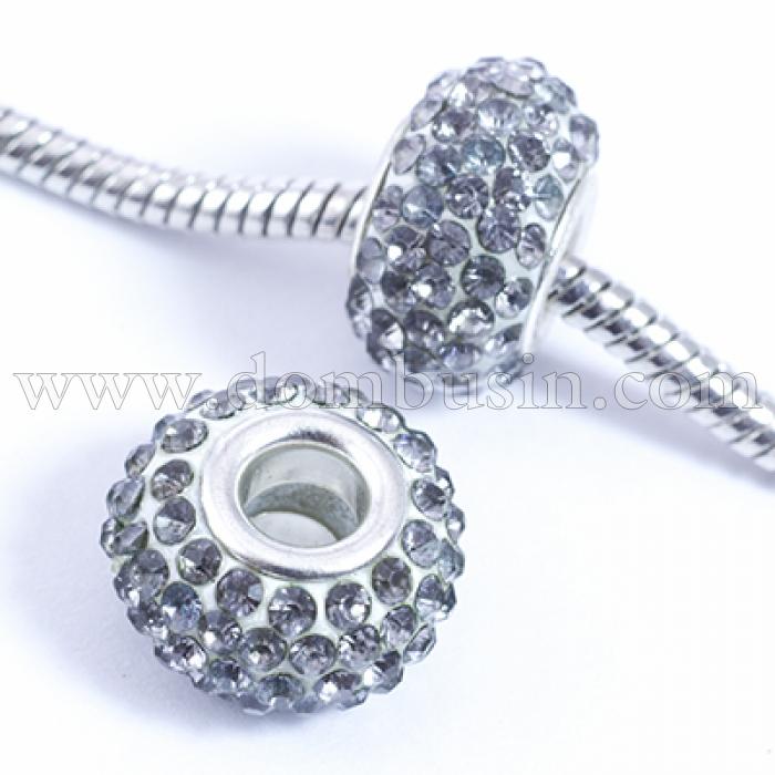 Шармы Евробусины из Смолы и Страз, класс А, Вставка из Латуни, Рондель, Цвет Страз: Черный Бриллиант, Размер: 15х10мм, Отв. 5мм, (УТ0029557)