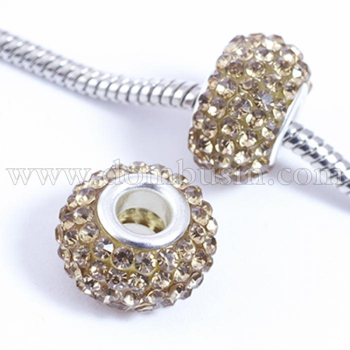 Шармы Евробусины из Смолы и Страз, класс А, Вставка из Латуни, Рондель, Цвет Страз: Колорадский Топаз, Размер: 15х10мм, Отв. 5мм, (УТ0029558)