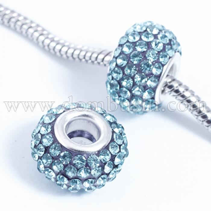 Шармы Евробусины из Смолы и Страз, класс А, Вставка из Латуни, Рондель, Цвет Страз: Аквамарин, Размер: 15х10мм, Отв. 5мм, (УТ0029559)