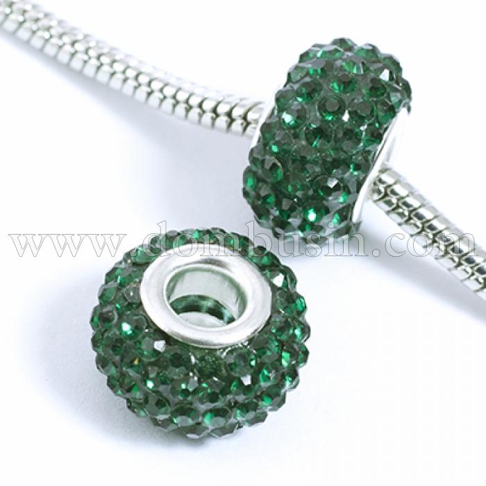 Шармы Евробусины из Смолы и Страз, класс А, Вставка из Латуни, Рондель, Цвет Страз: Темно-зеленый, Размер: 15х10мм, Отв. 5мм, (УТ0029560)