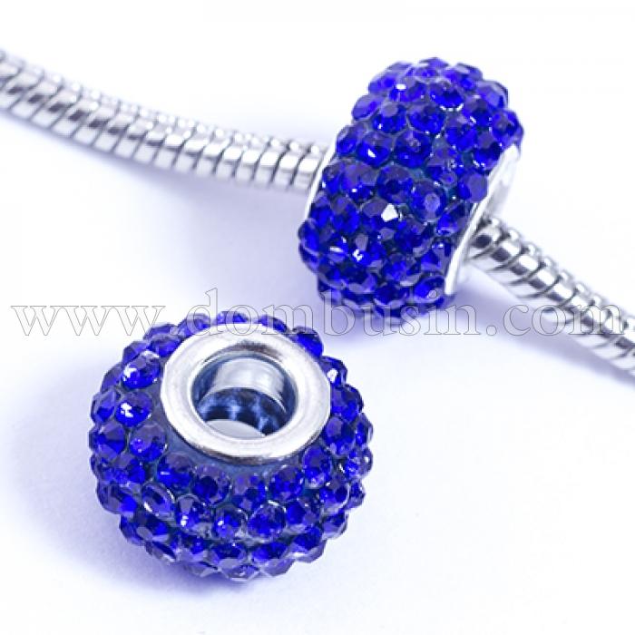 Шармы Евробусины из Смолы и Страз, класс А, Вставка из Латуни, Рондель, Цвет Страз: Синий, Размер: 15х10мм, Отв. 5мм, (УТ0029561)