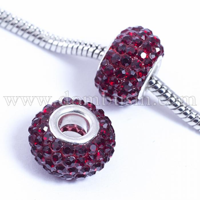 Шармы Евробусины из Смолы и Страз, класс А, Вставка из Латуни, Рондель, Цвет Страз: Темно-красный, Размер: 15х10мм, Отв. 5мм, (УТ0029563)