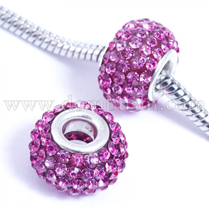 Шармы Евробусины из Смолы и Страз, класс А, Вставка из Латуни, Рондель, Цвет Страз: Розовый, Размер: 15х10мм, Отв. 5мм, (УТ0029565)