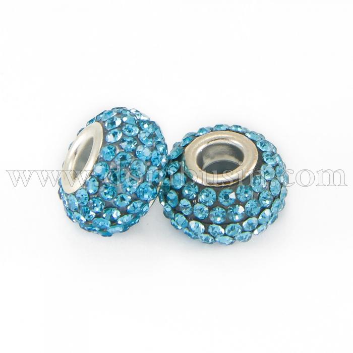Шармы Евробусины из Смолы и Страз, класс А, Вставка из Латуни, Рондель, Цвет Страз: Голубой, Размер: 15х10мм, Отв. 5мм, (УТ0029566)