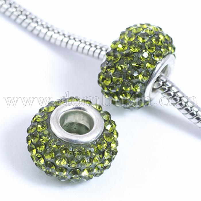 Шармы Евробусины из Смолы и Страз, класс А, Вставка из Латуни, Рондель, Цвет Страз: Оливковый, Размер: 15х10мм, Отв. 5мм, (УТ0029568)